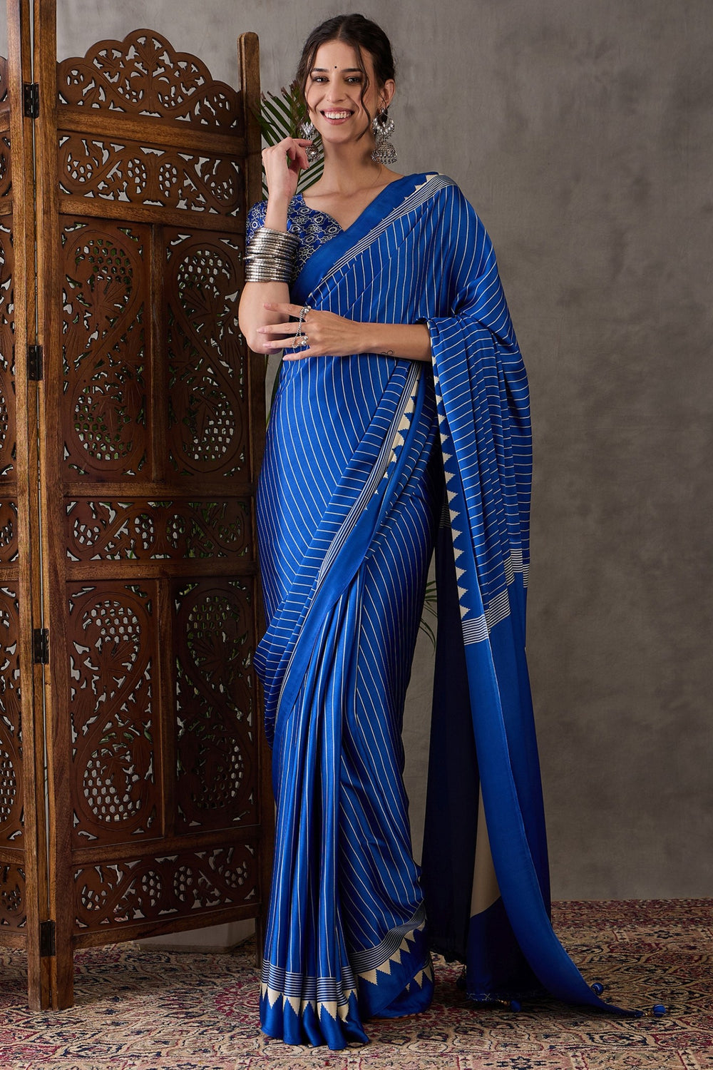 Blue Printed Satin Gaji Silk Saree 