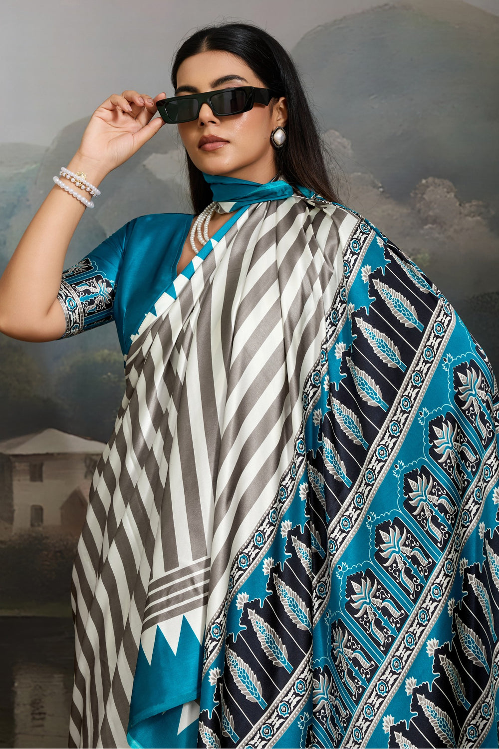 White and Blue Pure Ajrakh Printed Satin Crepe Silk Saree