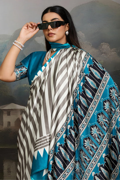 White and Blue Pure Ajrakh Printed Satin Crepe Silk Saree 
