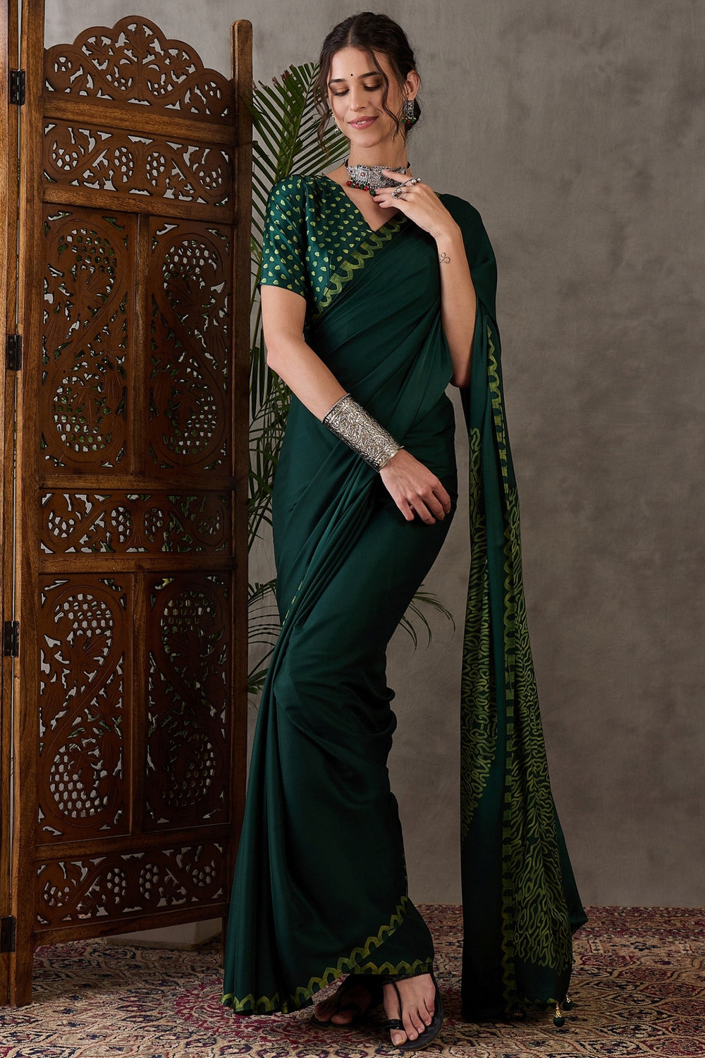 Green Pure Gaji Silk Satin Printed Saree 
