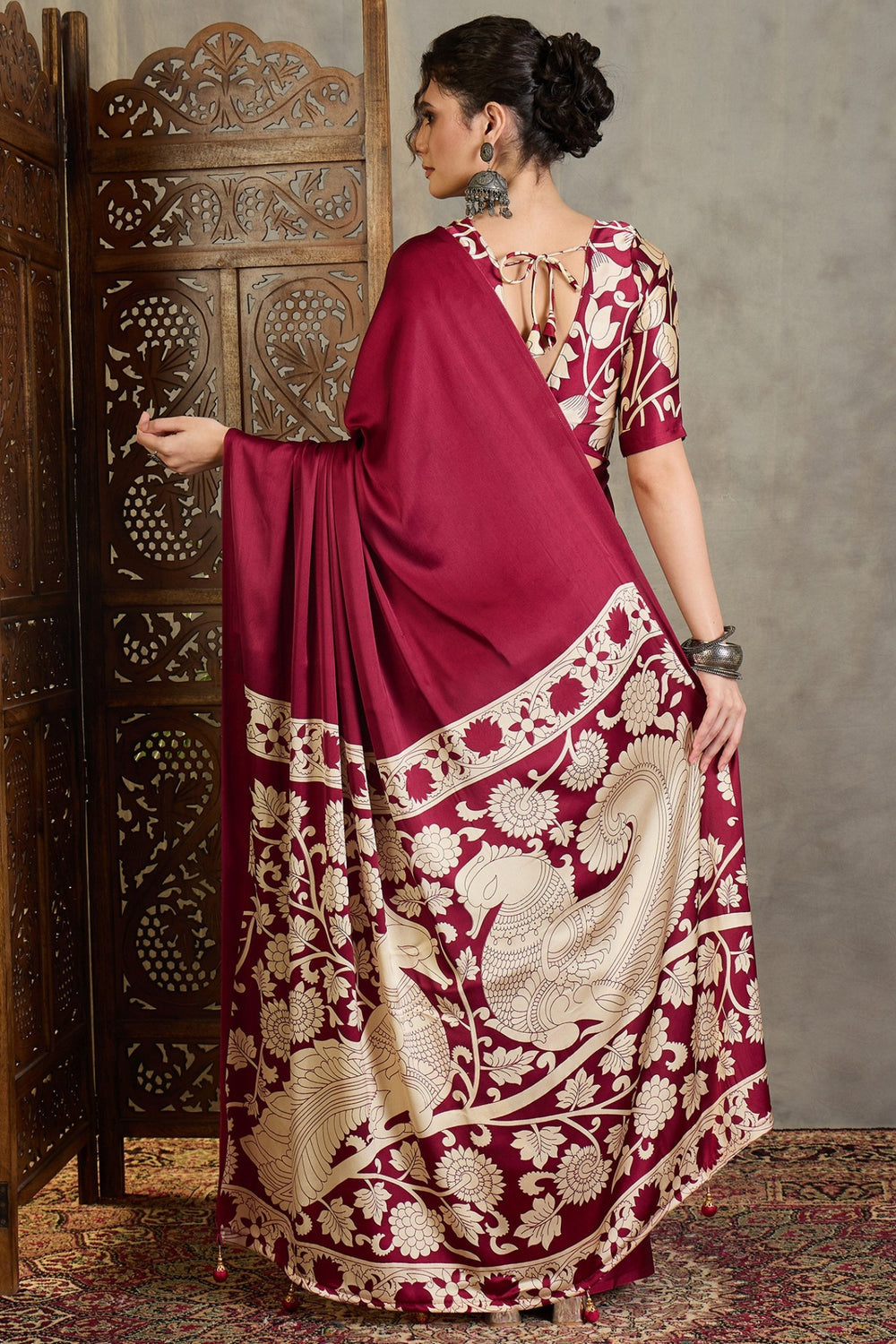 Maroon Kalamkari Printed Satin Silk Saree ##color## Floral Printed Saree with premium fabric and embroidery