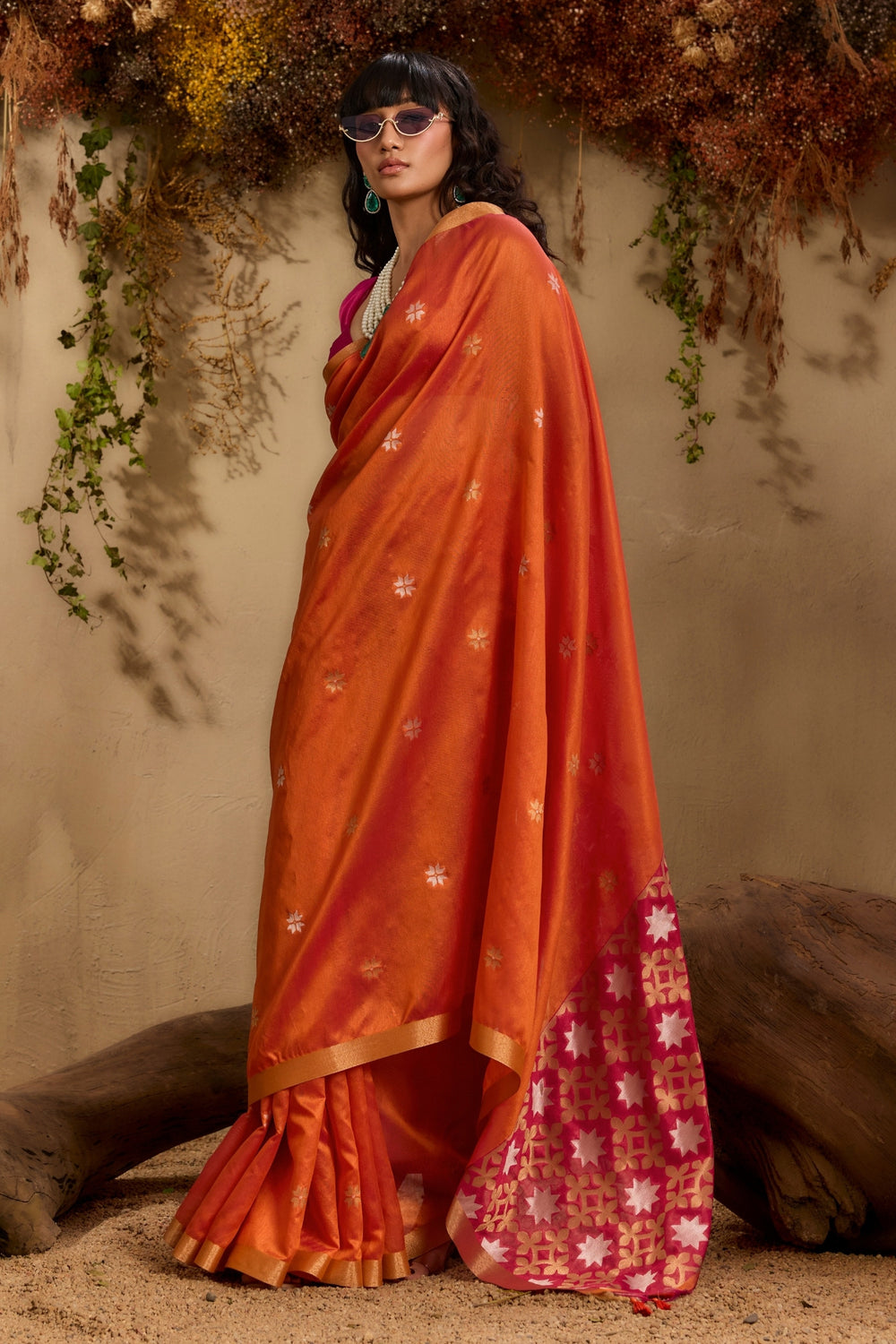 Orange Pure Tussar Handloom Silk Saree 
