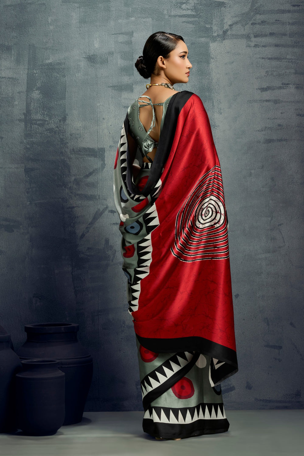 Green Ajrakh Printed Satin Crepe Silk Saree ##color## Japan Satin Saree with premium fabric and embroidery