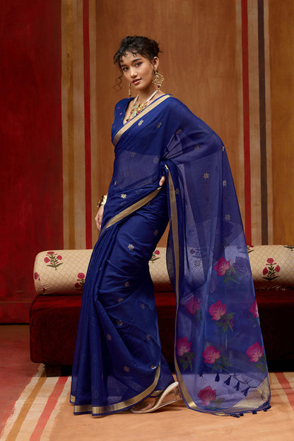 Chill Blue Pure Soft Moonga Cotton Handloom Saree 