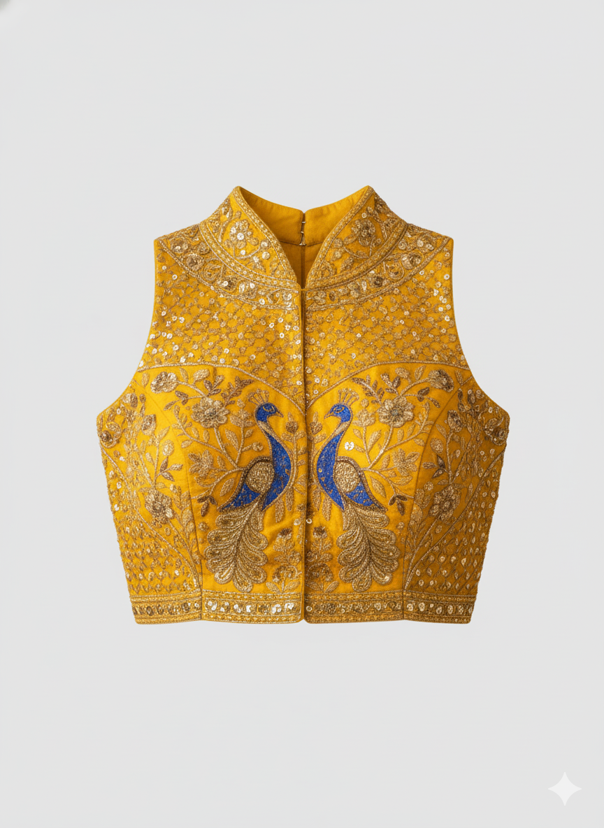 Yellow Pure Italian Silk Sabyasachi Style Caller Halter Neck Bridal Blouse