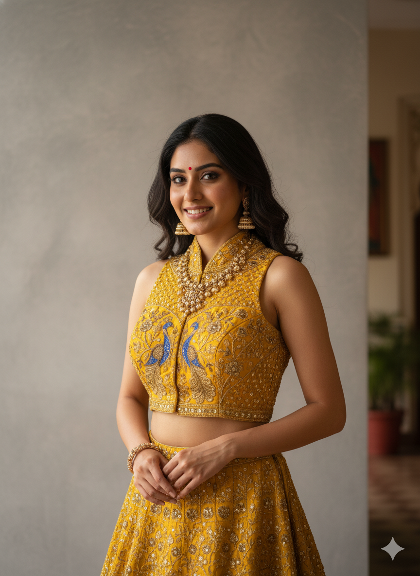 Yellow Pure Italian Silk Sabyasachi Style Caller Halter Neck Bridal Blouse Sleevless Blouse Anant Tex Exports Pvt.Ltd..