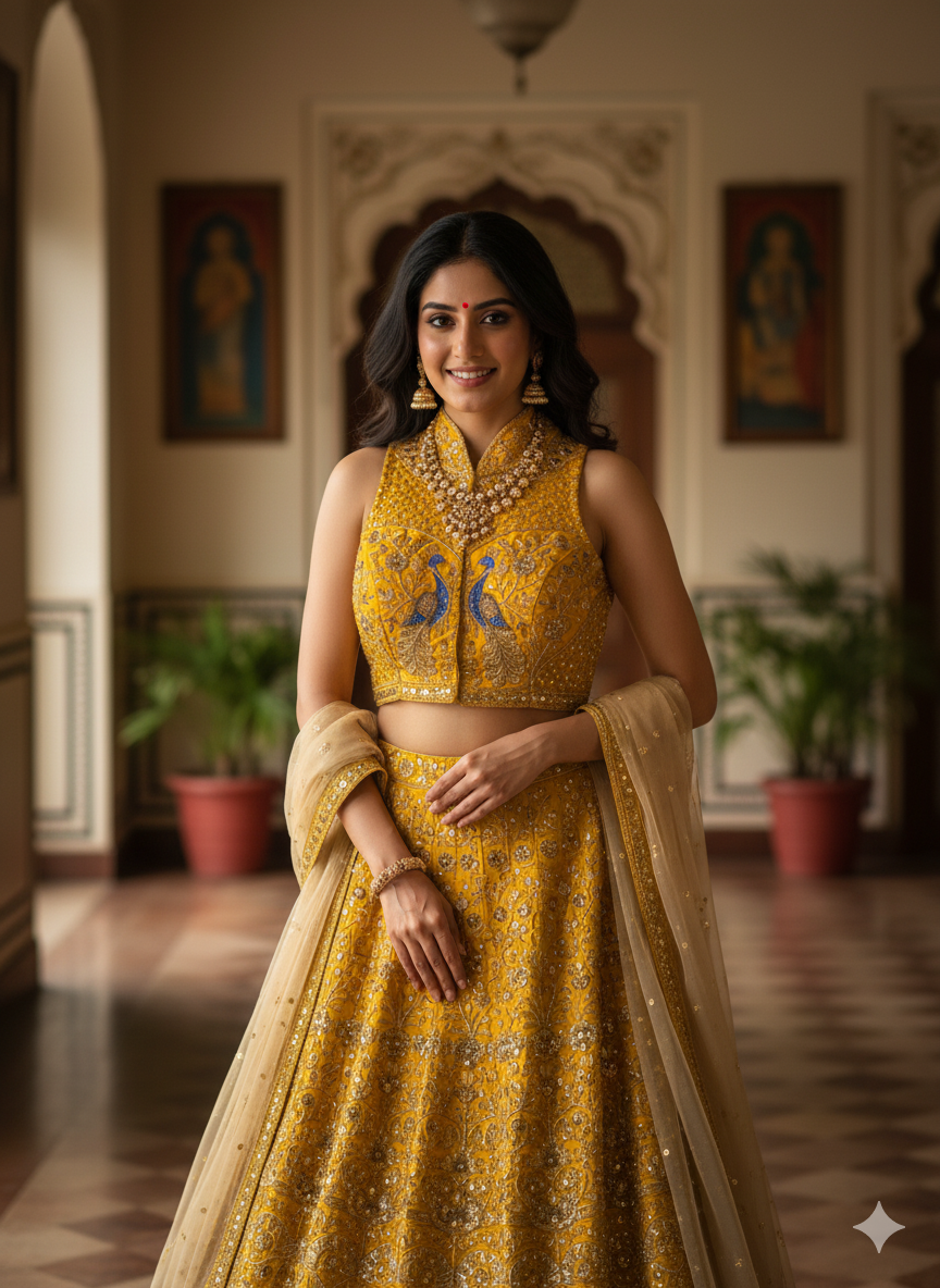 Yellow Pure Italian Silk Sabyasachi Style Caller Halter Neck Bridal Blouse Sleevless Blouse Anant Tex Exports Pvt.Ltd..