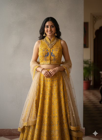 Yellow Pure Italian Silk Sabyasachi Style Caller Halter Neck Bridal Blouse Sleevless Blouse Anant Tex Exports Pvt.Ltd..