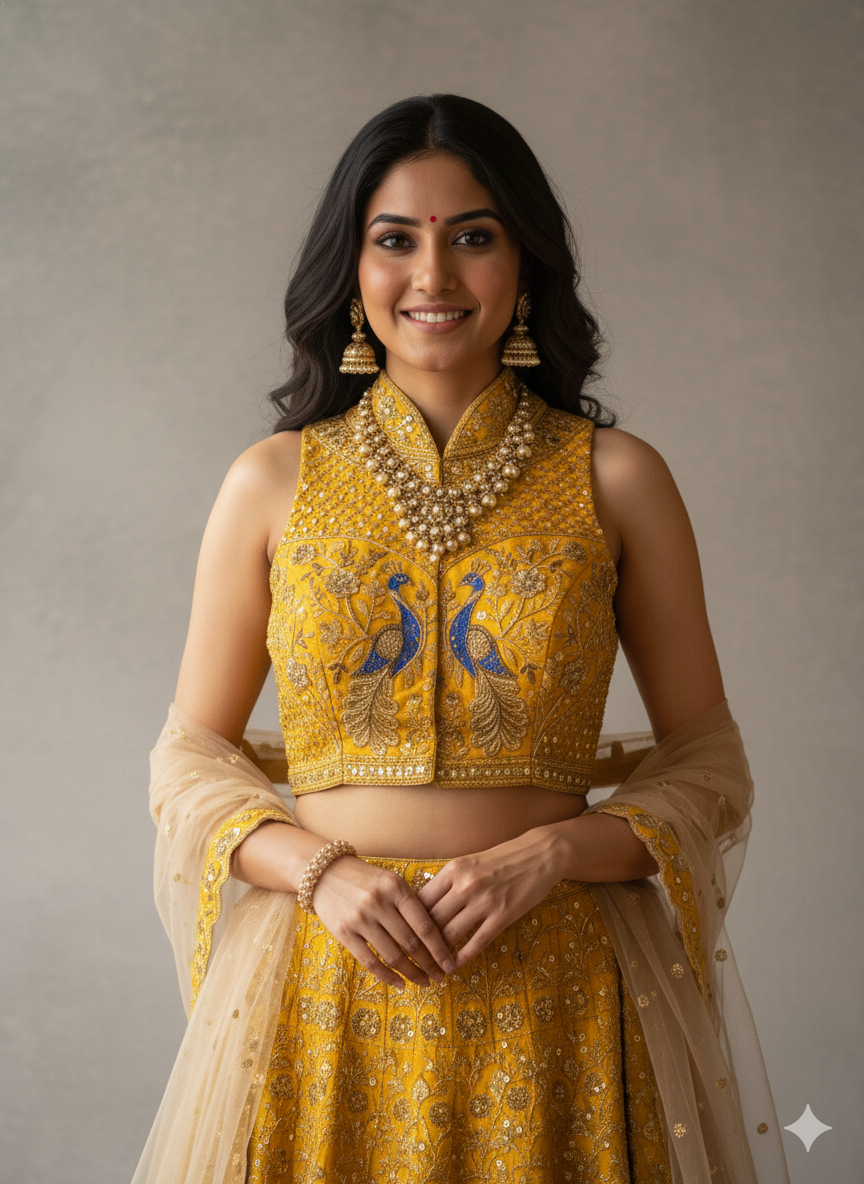 Yellow Pure Italian Silk Sabyasachi Style Caller Halter Neck Bridal Blouse Sleevless Blouse Anant Tex Exports Pvt.Ltd..