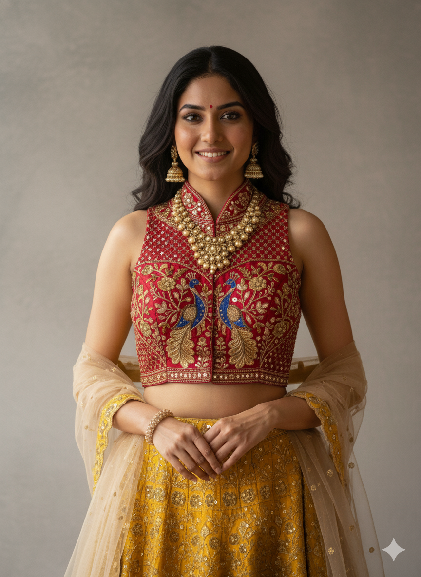 Red Pure Italian Silk Halter Coller Neck Bridal Blouse