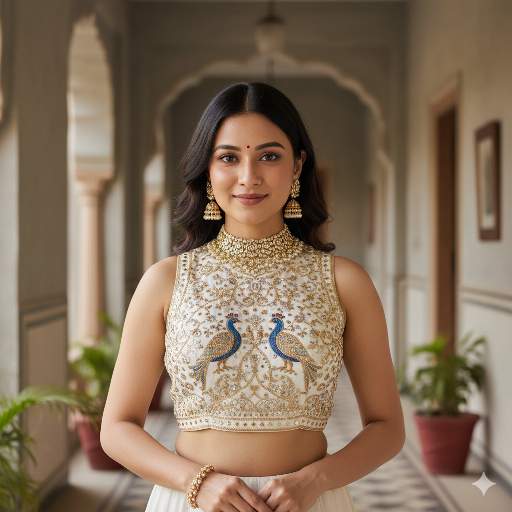 White Pure Italian Silk Halter Coller Neck Bridal Blouse Sleevless Blouse Anant Tex Exports Pvt.Ltd..