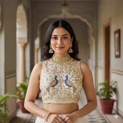 White Pure Italian Silk Halter Coller Neck Bridal Blouse Sleevless Blouse Anant Tex Exports Pvt.Ltd..
