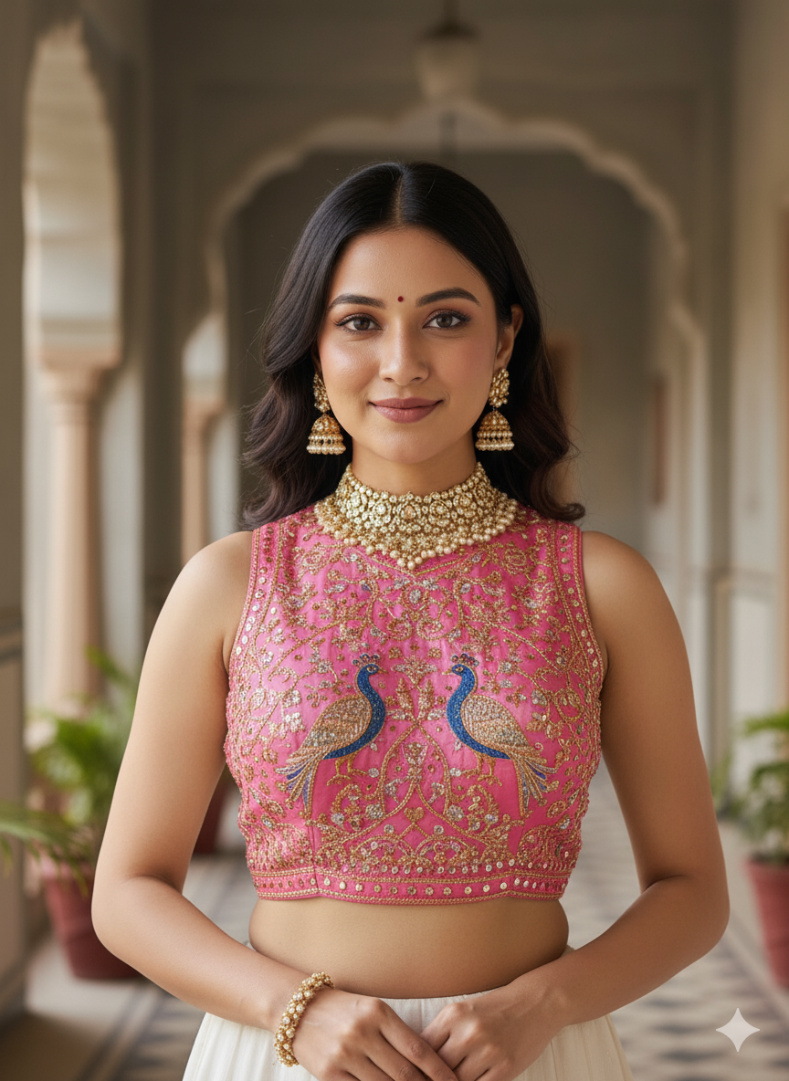 Pink Pure Italian Silk Halter Coller Neck Bridal Blouse Sleevless Blouse Anant Tex Exports Pvt.Ltd..