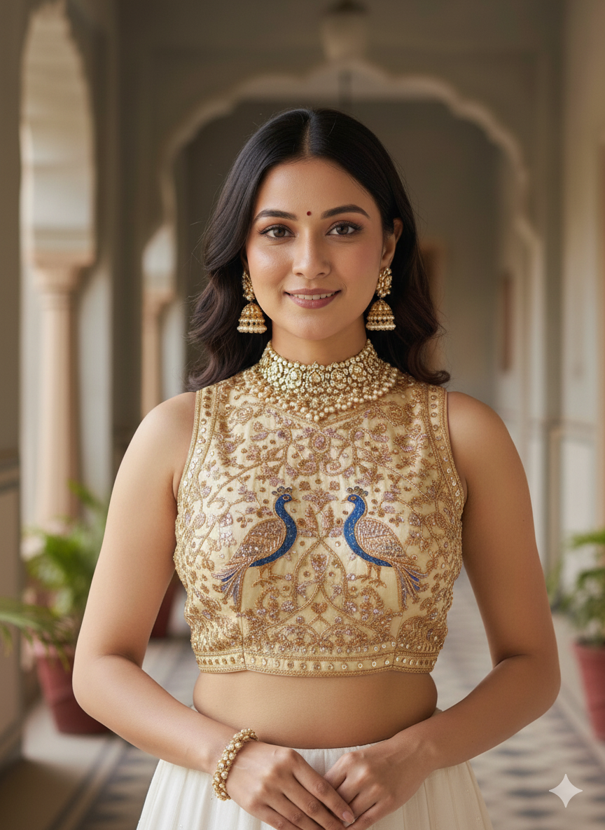 Cream Pure Italian Silk Halter Coller Neck Bridal Blouse