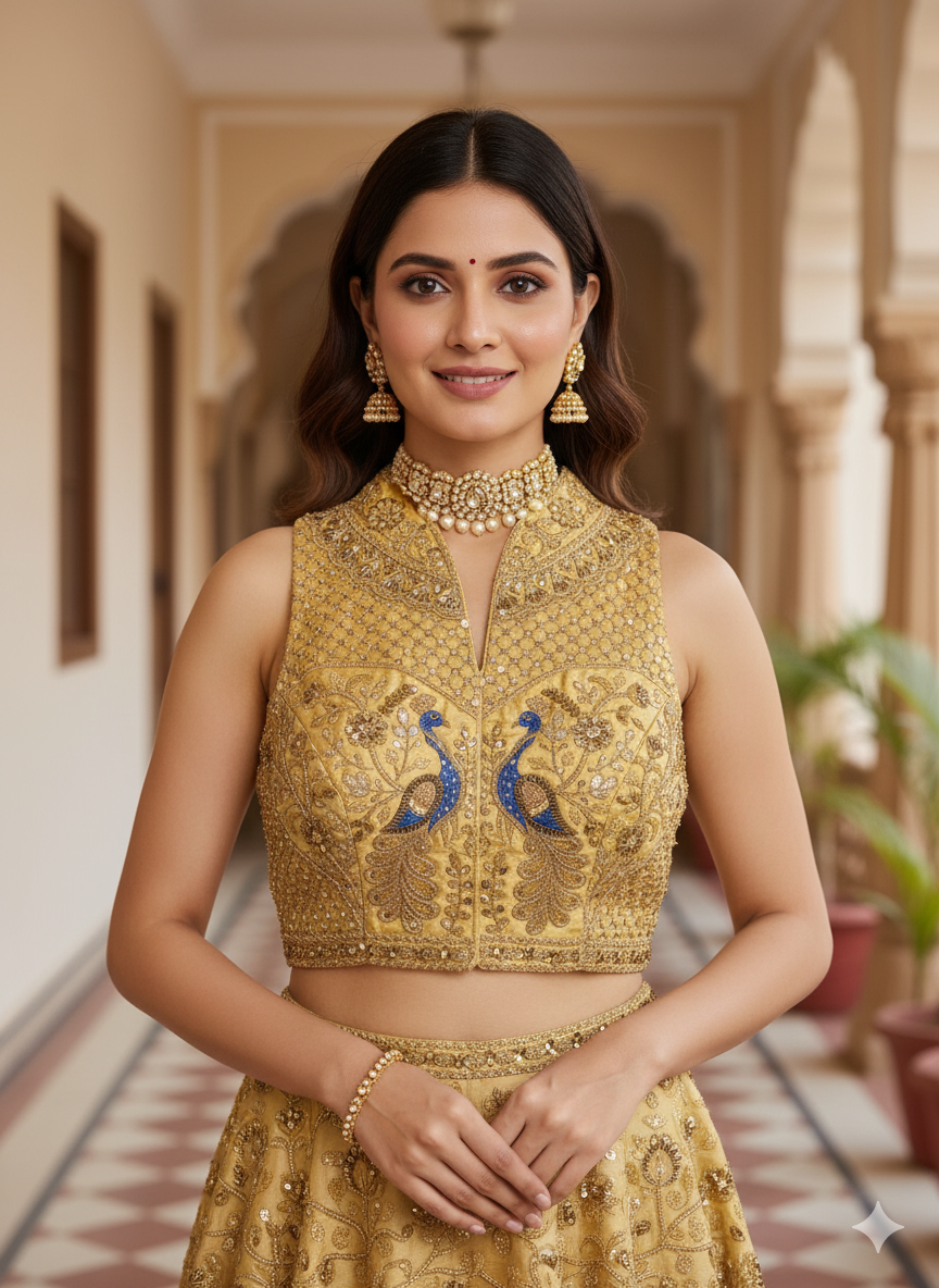Gold Pure Italian Silk Halter Coller Neck Bridal Blouse Sleevless Blouse Anant Tex Exports Pvt.Ltd..