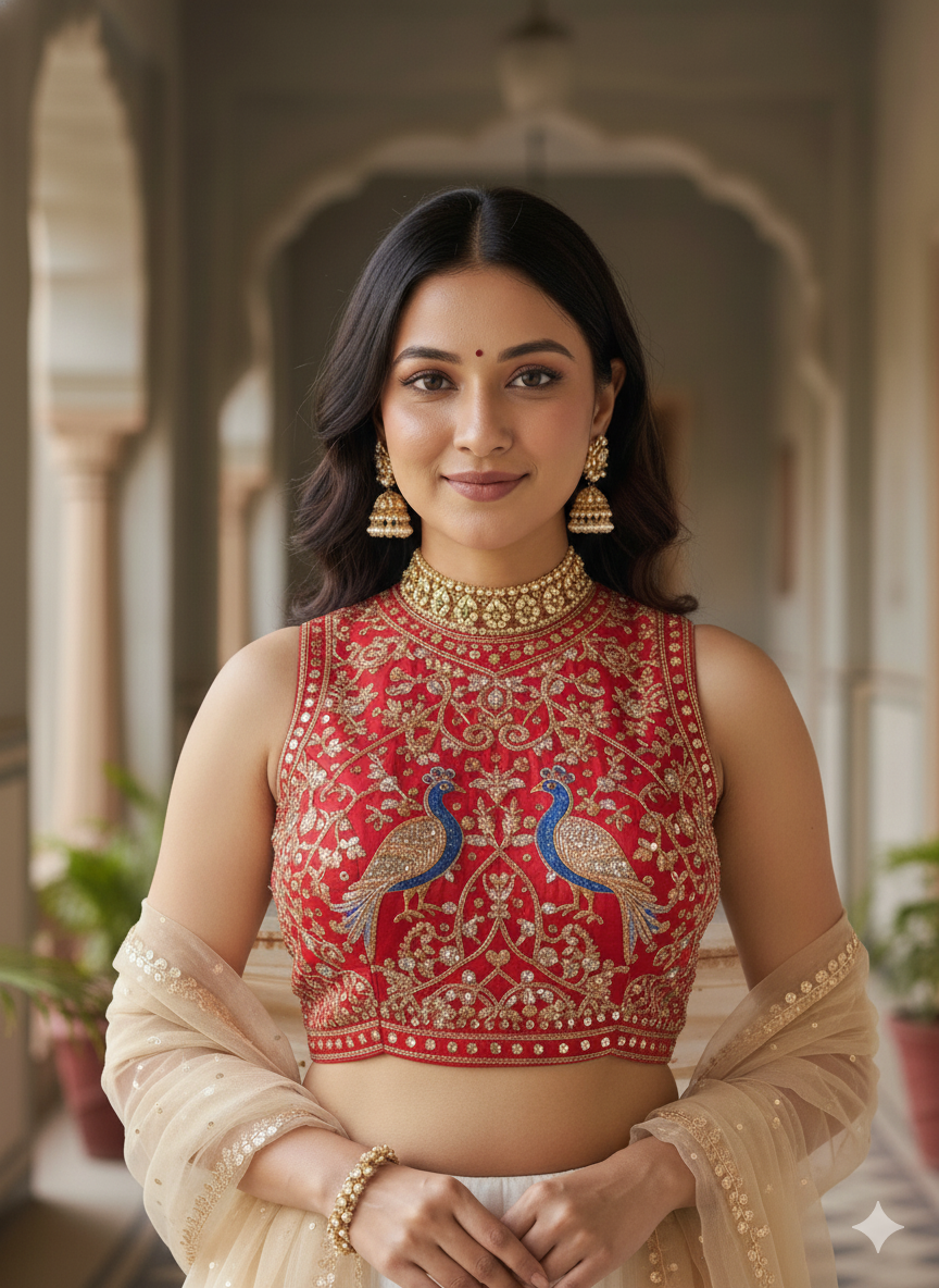 Red Pure Italian Silk Halter Coller Neck Bridal Blouse Sleevless Blouse Anant Tex Exports Pvt.Ltd..