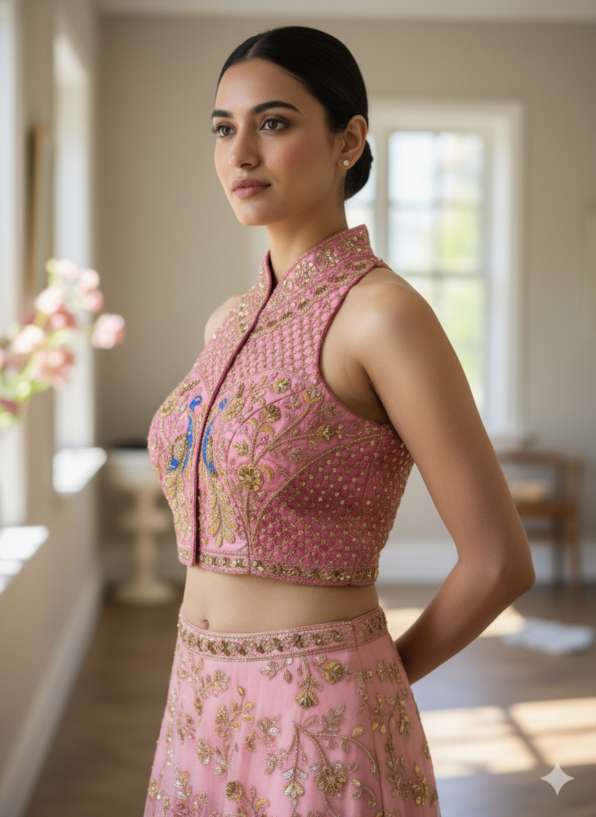 Baby Pink Pure Italian Silk Halter Coller Neck Bridal Blouse Sleevless Blouse Anant Tex Exports Pvt.Ltd..