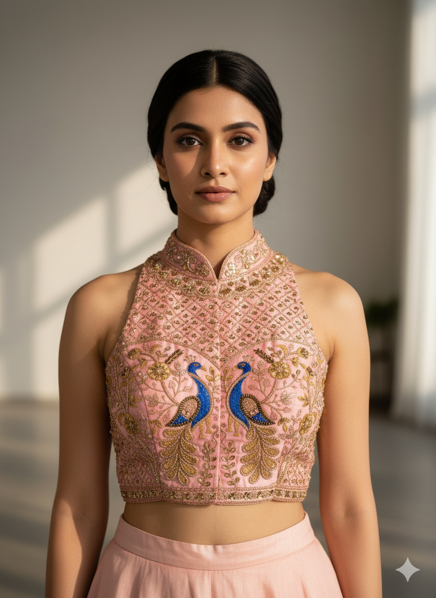 Baby Pink Pure Italian Silk Halter Coller Neck Bridal Blouse Sleevless Blouse Anant Tex Exports Pvt.Ltd..