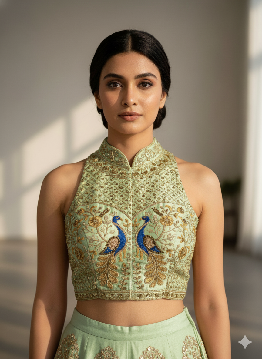 Pista Pure Italian Silk Halter Coller Neck Bridal Blouse Sleevless Blouse Anant Tex Exports Pvt.Ltd..