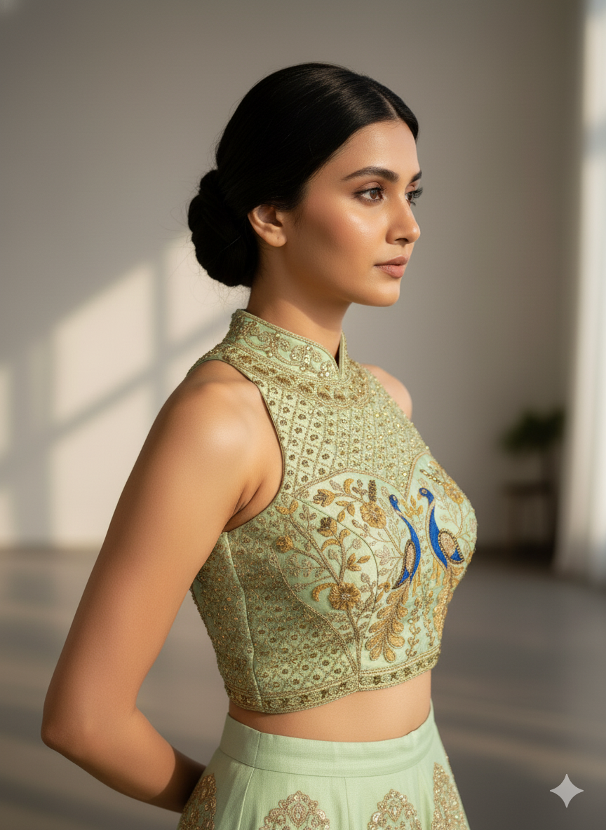 Pista Pure Italian Silk Halter Coller Neck Bridal Blouse Sleevless Blouse Anant Tex Exports Pvt.Ltd..
