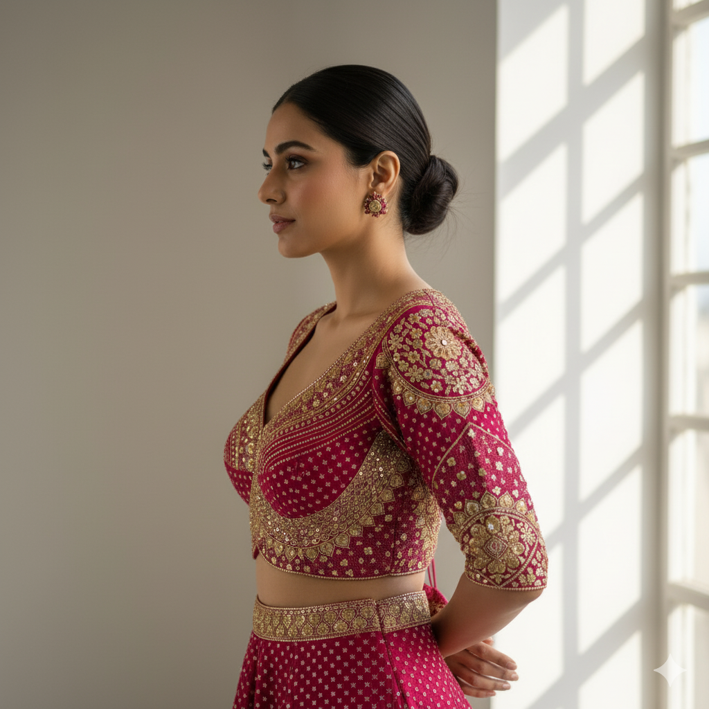 Rani Pure Roman Silk Sabyasachi Style Bridal Blouse Sleevless Blouse Anant Tex Exports Pvt.Ltd..