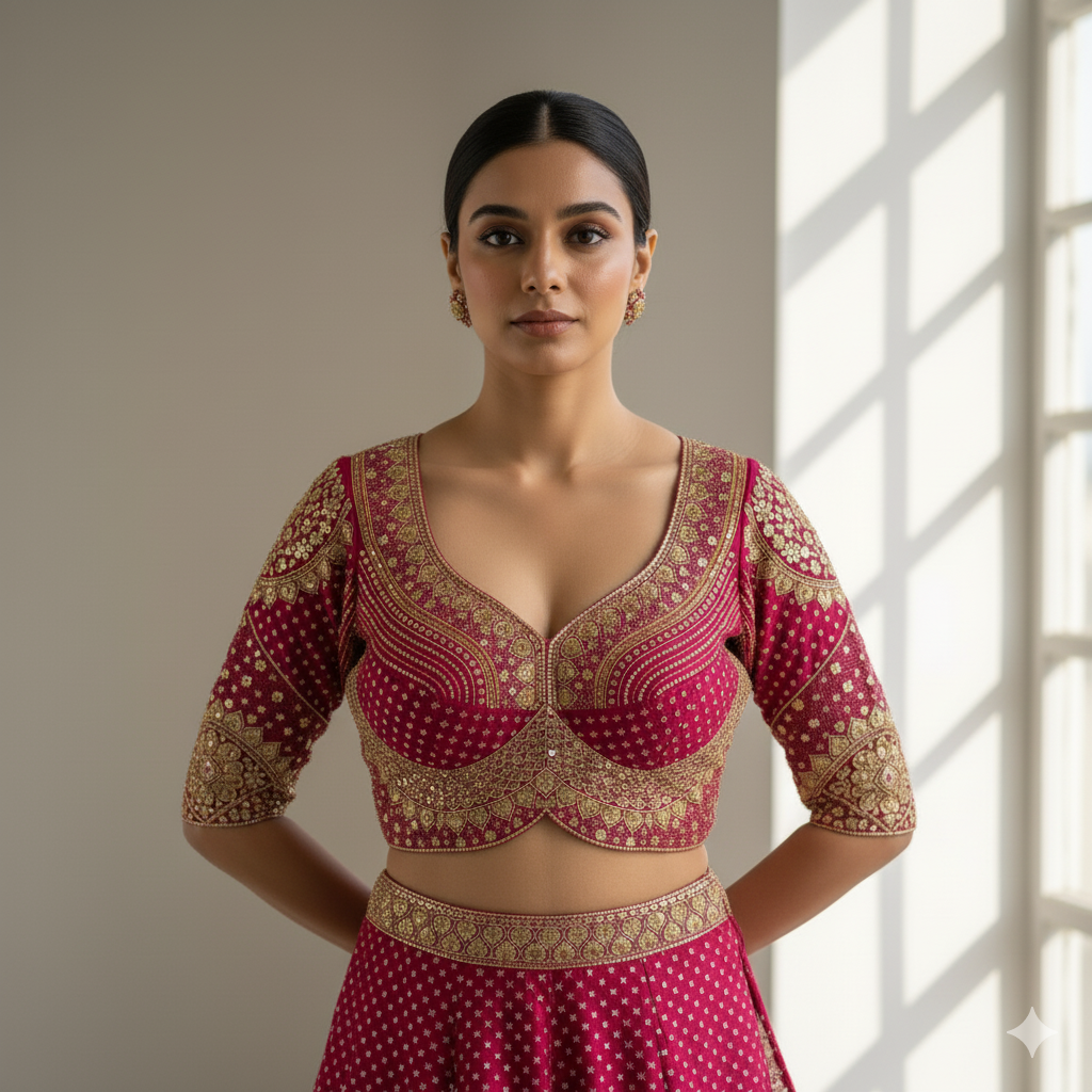 Rani Pure Roman Silk Sabyasachi Style Bridal Blouse Sleevless Blouse Anant Tex Exports Pvt.Ltd..