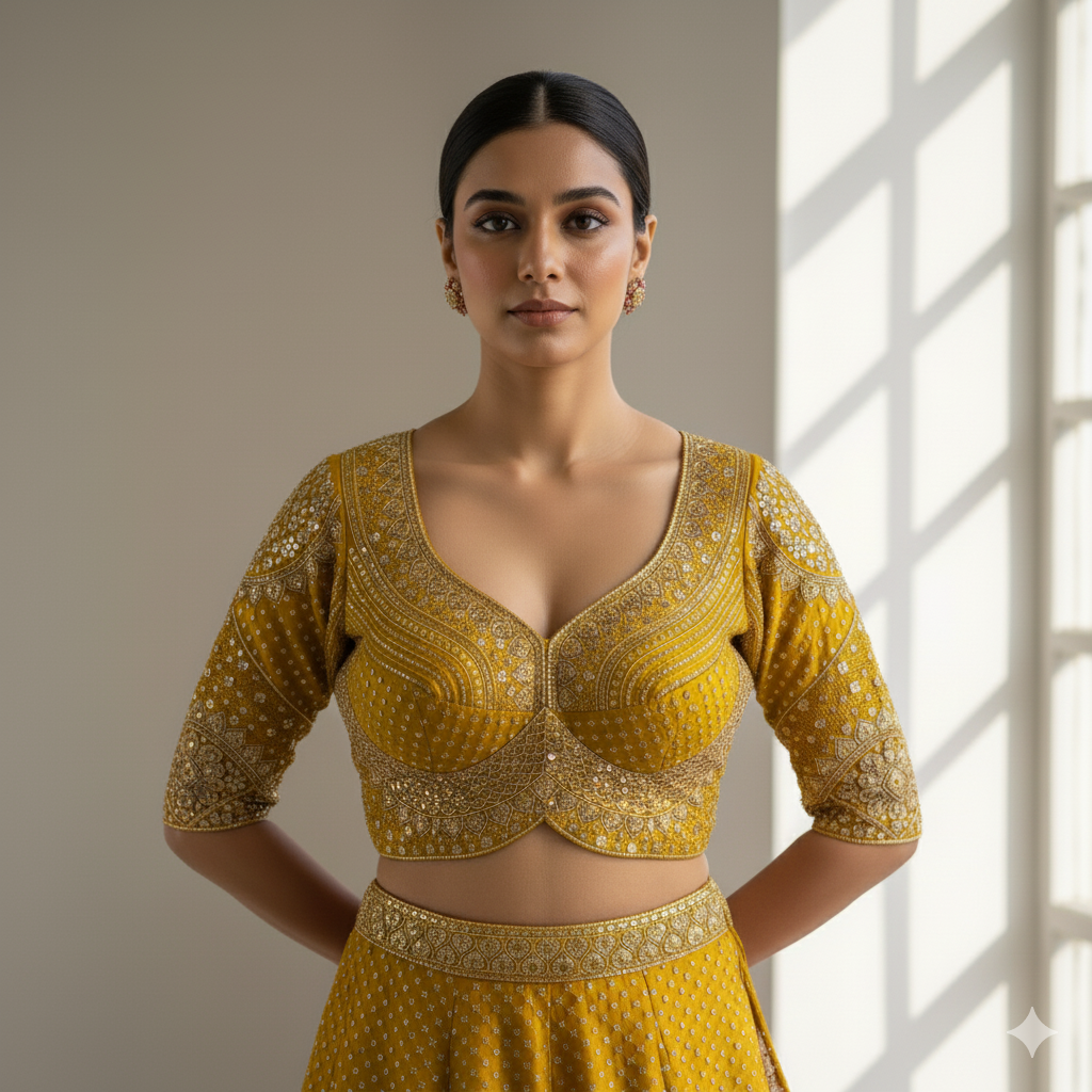 Yellow Pure Roman Silk Sabyasachi Style Bridal Blouse Sleevless Blouse Anant Tex Exports Pvt.Ltd..