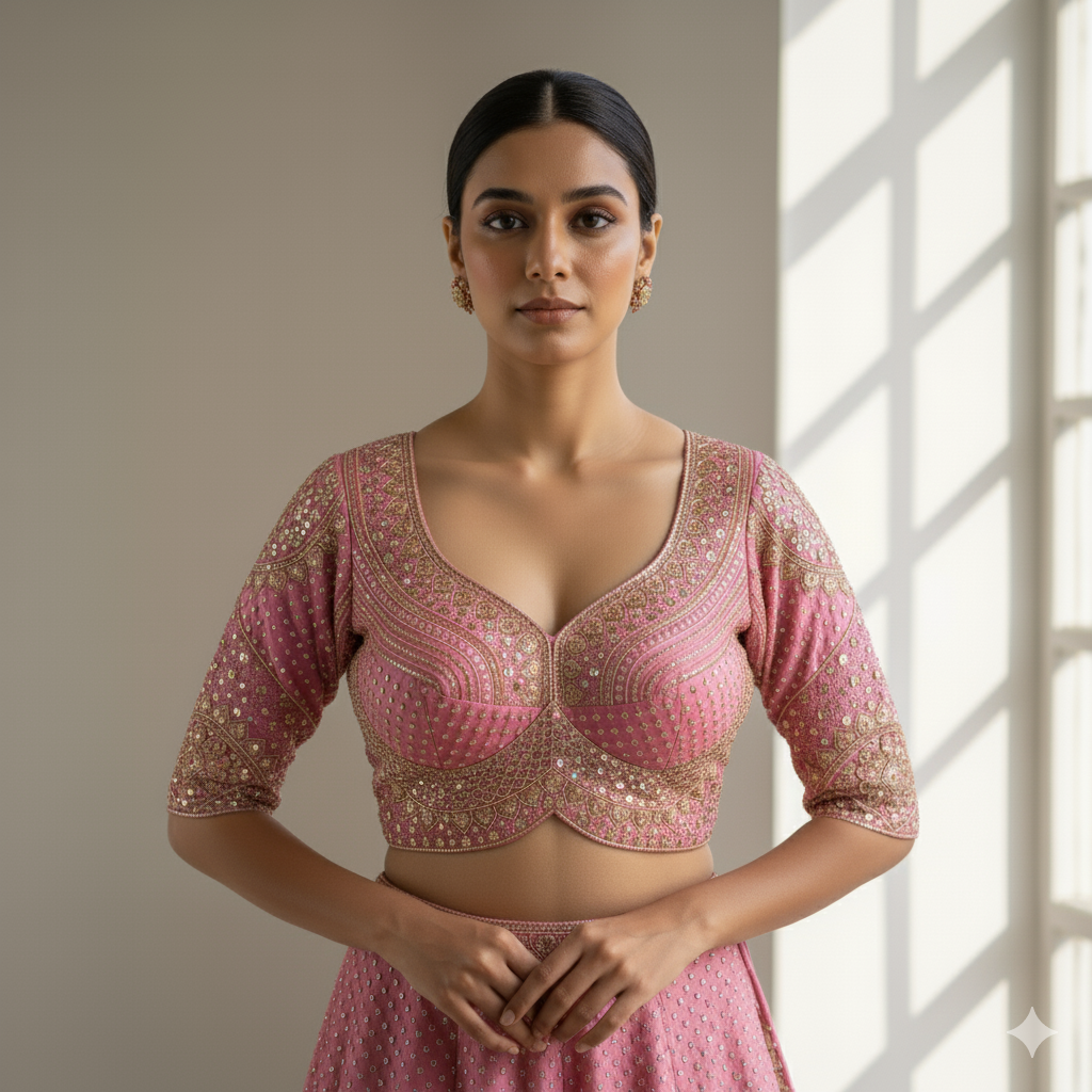 Baby Pink Pure Roman Silk Sabyasachi Style Bridal Blouse Sleevless Blouse Anant Tex Exports Pvt.Ltd..