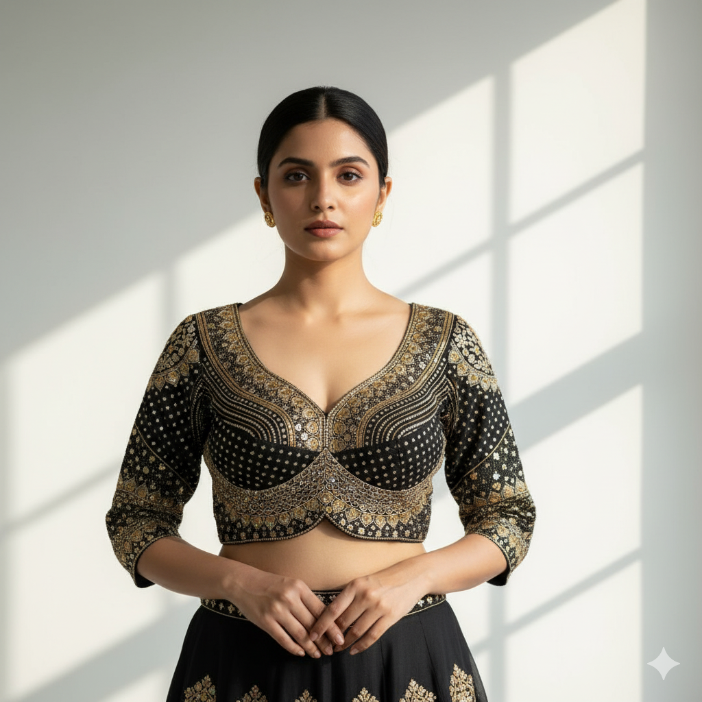 Black Pure Roman Silk Sabyasachi Style Bridal Blouse Sleevless Blouse Anant Tex Exports Pvt.Ltd..