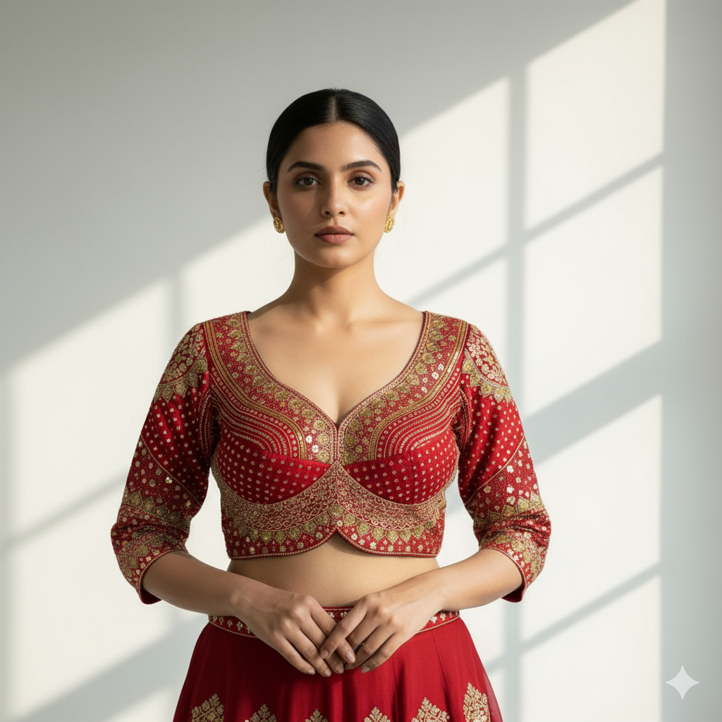Red Pure Roman Silk Sabyasachi Style Bridal Blouse Sleevless Blouse Anant Tex Exports Pvt.Ltd..