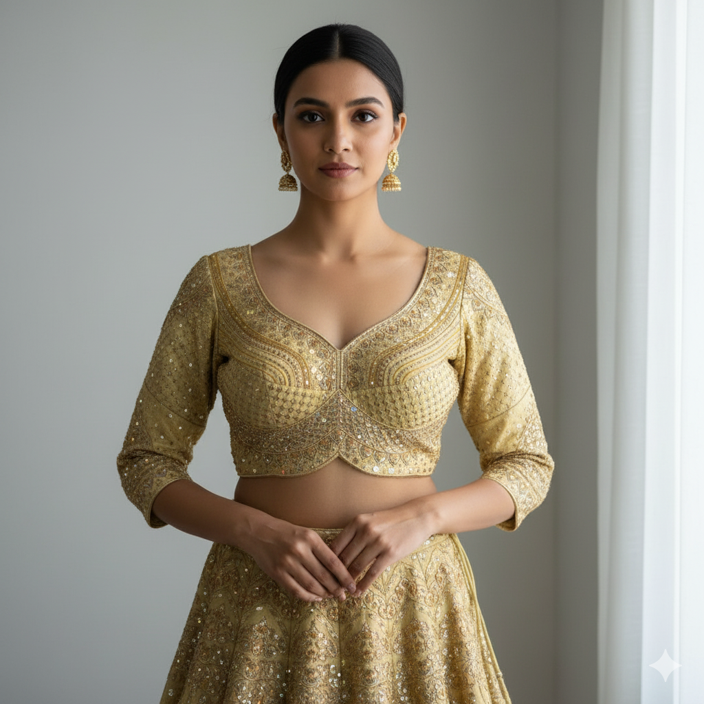 Gold Pure Roman Silk Sabyasachi Style Bridal Blouse Sleevless Blouse Anant Tex Exports Pvt.Ltd..
