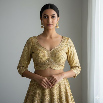 Gold Pure Roman Silk Sabyasachi Style Bridal Blouse Sleevless Blouse Anant Tex Exports Pvt.Ltd..