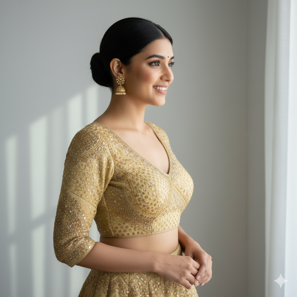 Gold Pure Roman Silk Sabyasachi Style Bridal Blouse Sleevless Blouse Anant Tex Exports Pvt.Ltd..