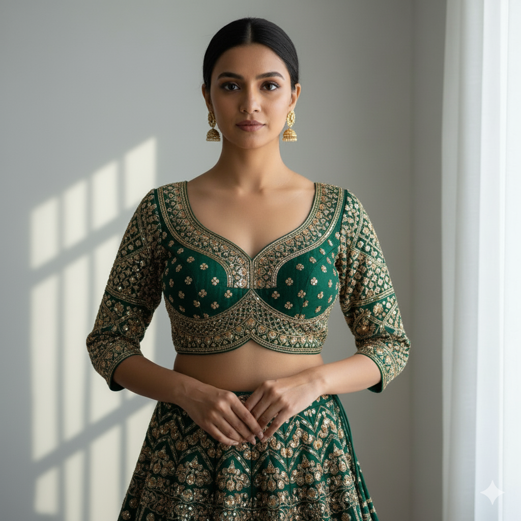 Green Pure Roman Silk Sabyasachi Style Bridal Blouse Sleevless Blouse Anant Tex Exports Pvt.Ltd..