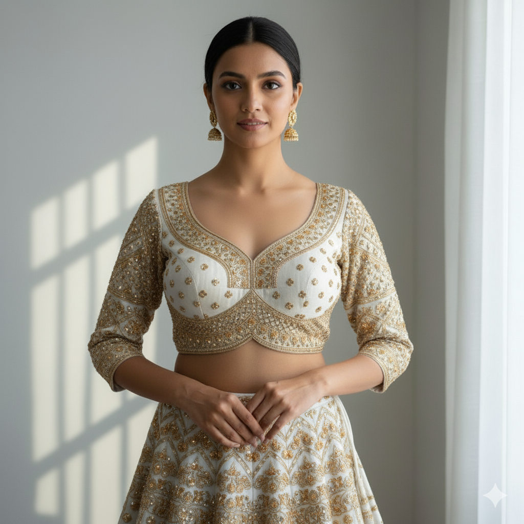 White Pure Roman Silk Sabyasachi Style Bridal Blouse