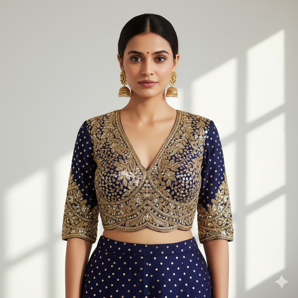 Teal Pure Roman Silk Sabyasachi Style Bridal Blouse