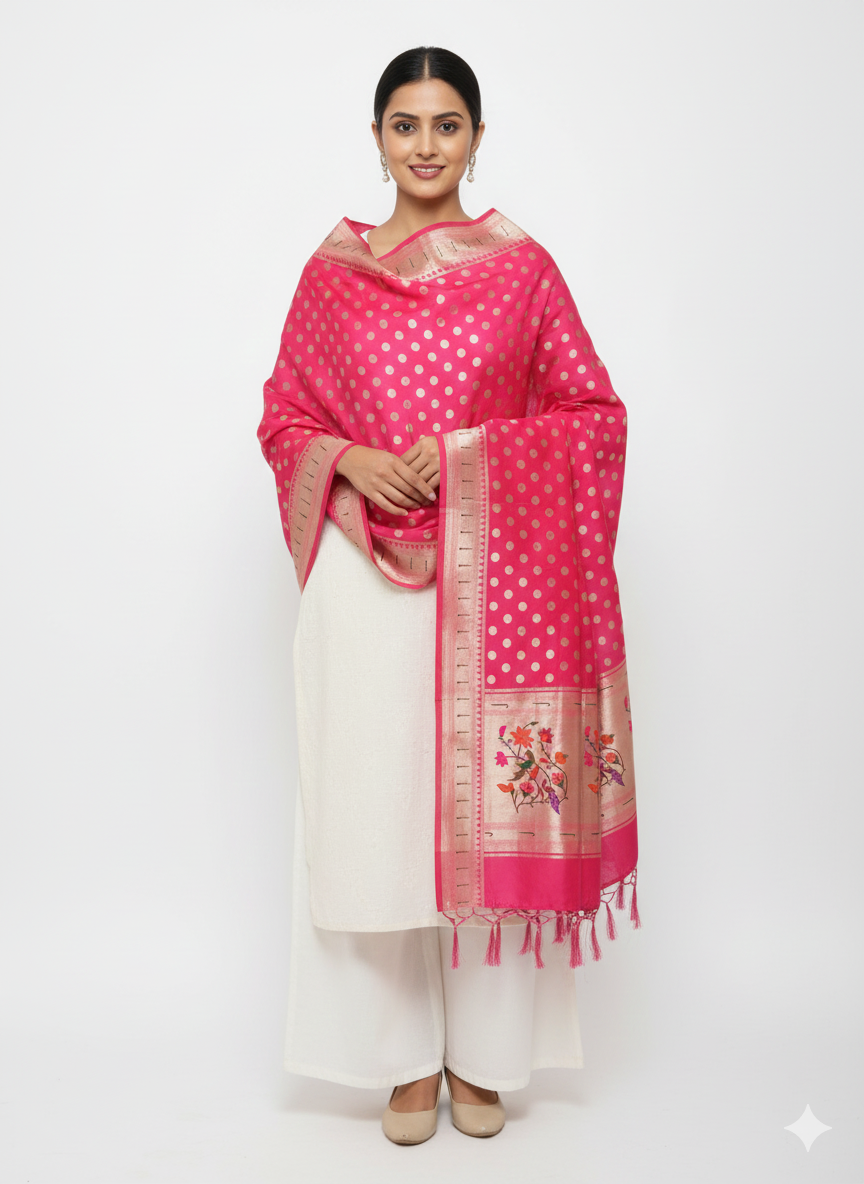 Pink Pure Banarasi Paithani Weaving Duptta