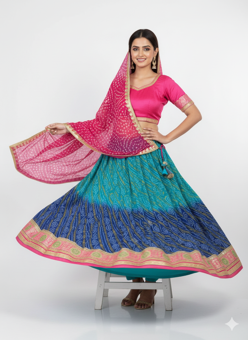 Sky Pure Soft Georgette Rajsthani Bandhani Print Lehenga Choli Rajsthani Bandhni Lehenga Anant Tex Exports Pvt.Ltd..