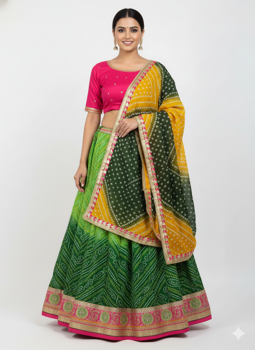 Green Pure Soft Georgette Rajsthani Bandhani Print Lehenga Choli