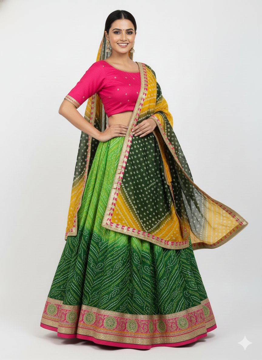 Green Pure Soft Georgette Rajsthani Bandhani Print Lehenga Choli