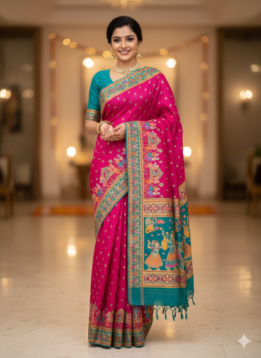 Rani Pure Viscose Silk Meenakari Zari Weaving Wedding Saree