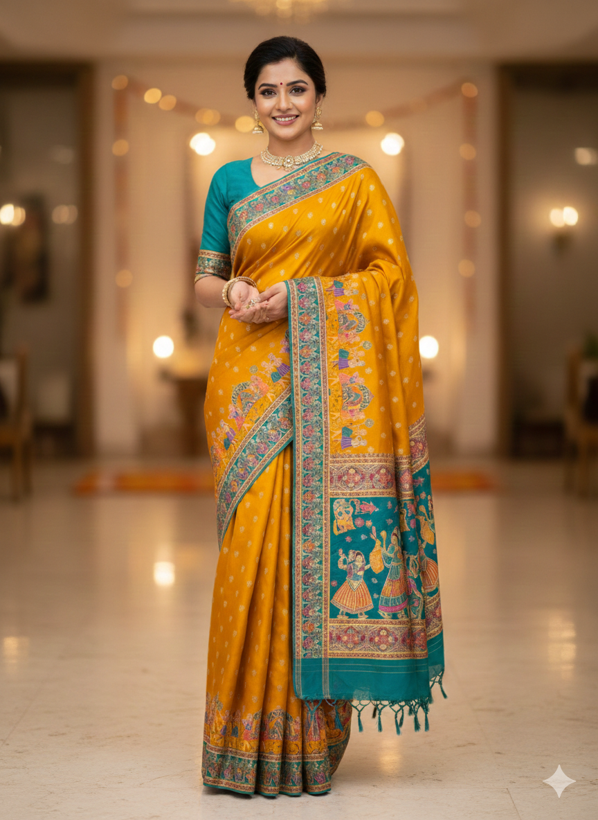 Yellow Pure Viscose Silk Meenakari Zari Weaving Wedding Saree