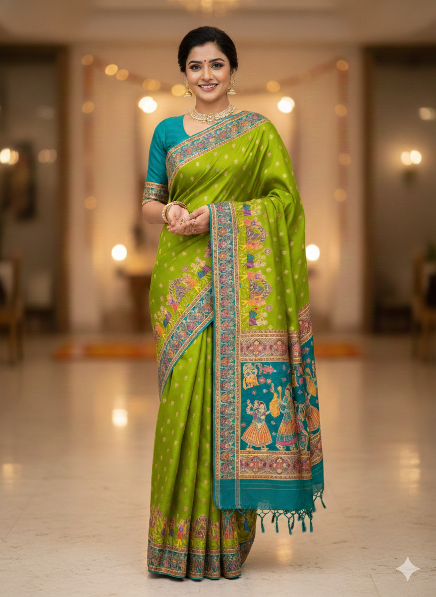 Mahendi Green Pure Viscose Silk Meenakari Zari Weaving Wedding Saree