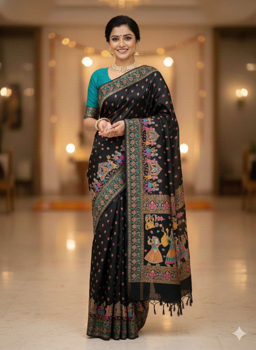Black Pure Viscose Silk Meenakari Zari Weaving Wedding Saree