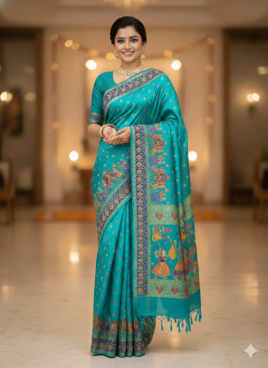 Sky Pure Viscose Silk Meenakari Zari Weaving Wedding Saree