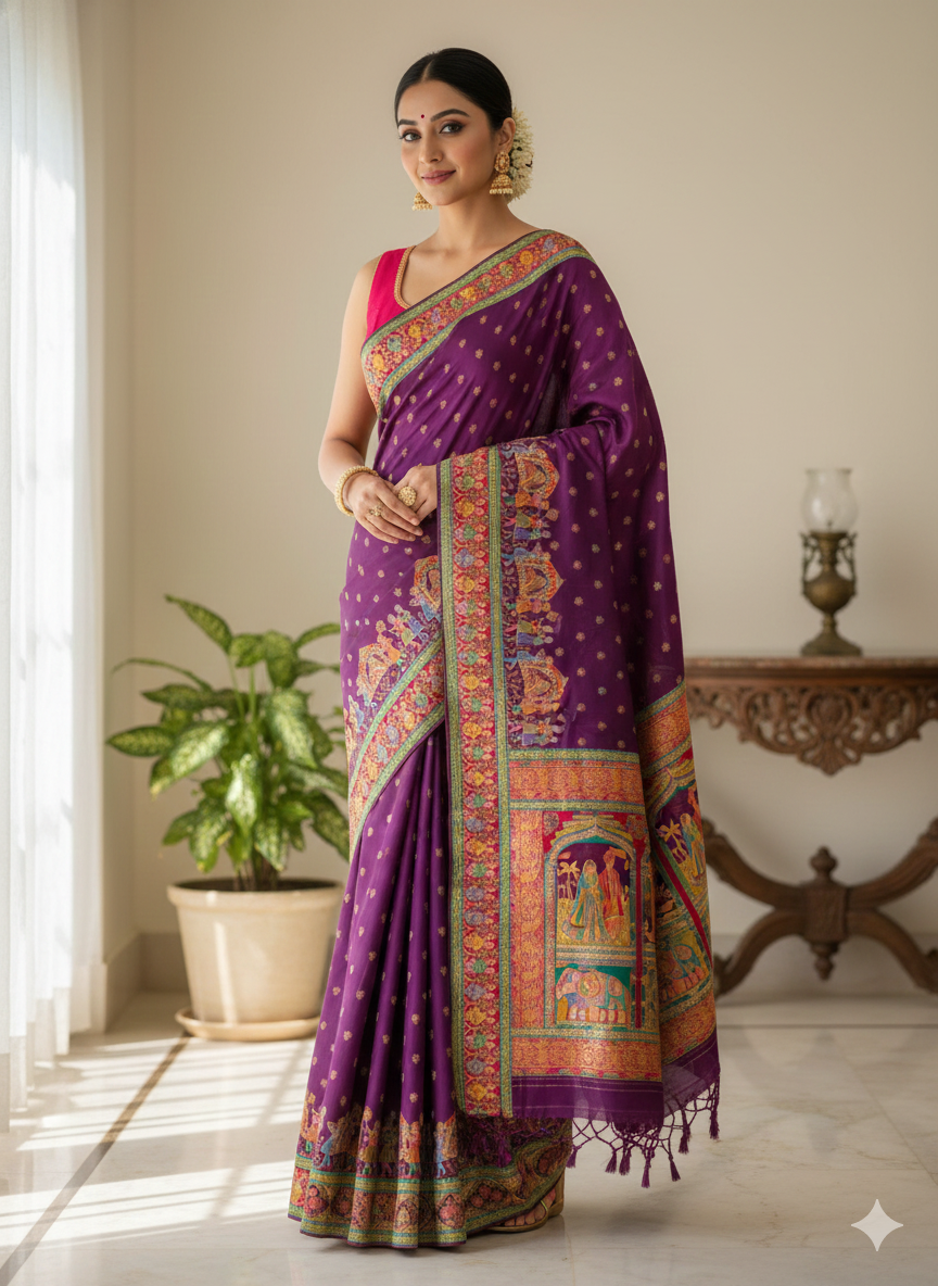 Lavender Pure Viscose Silk Meenakari Zari Weaving Wedding Saree