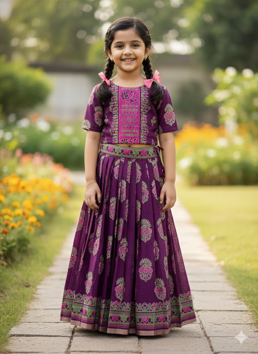 Purple Pure Silk Blend Kids Girl's Lehenga Choli