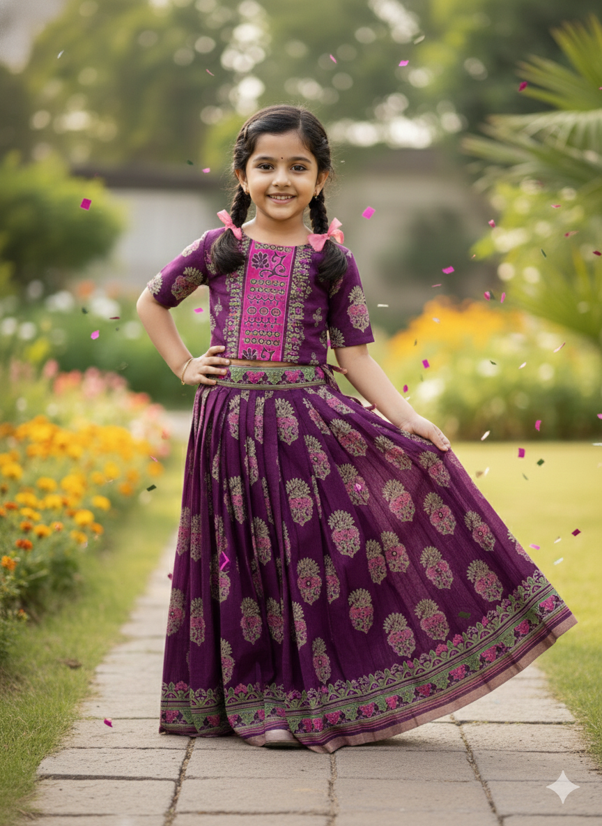 Purple Pure Silk Blend Kids Girl's Lehenga Choli