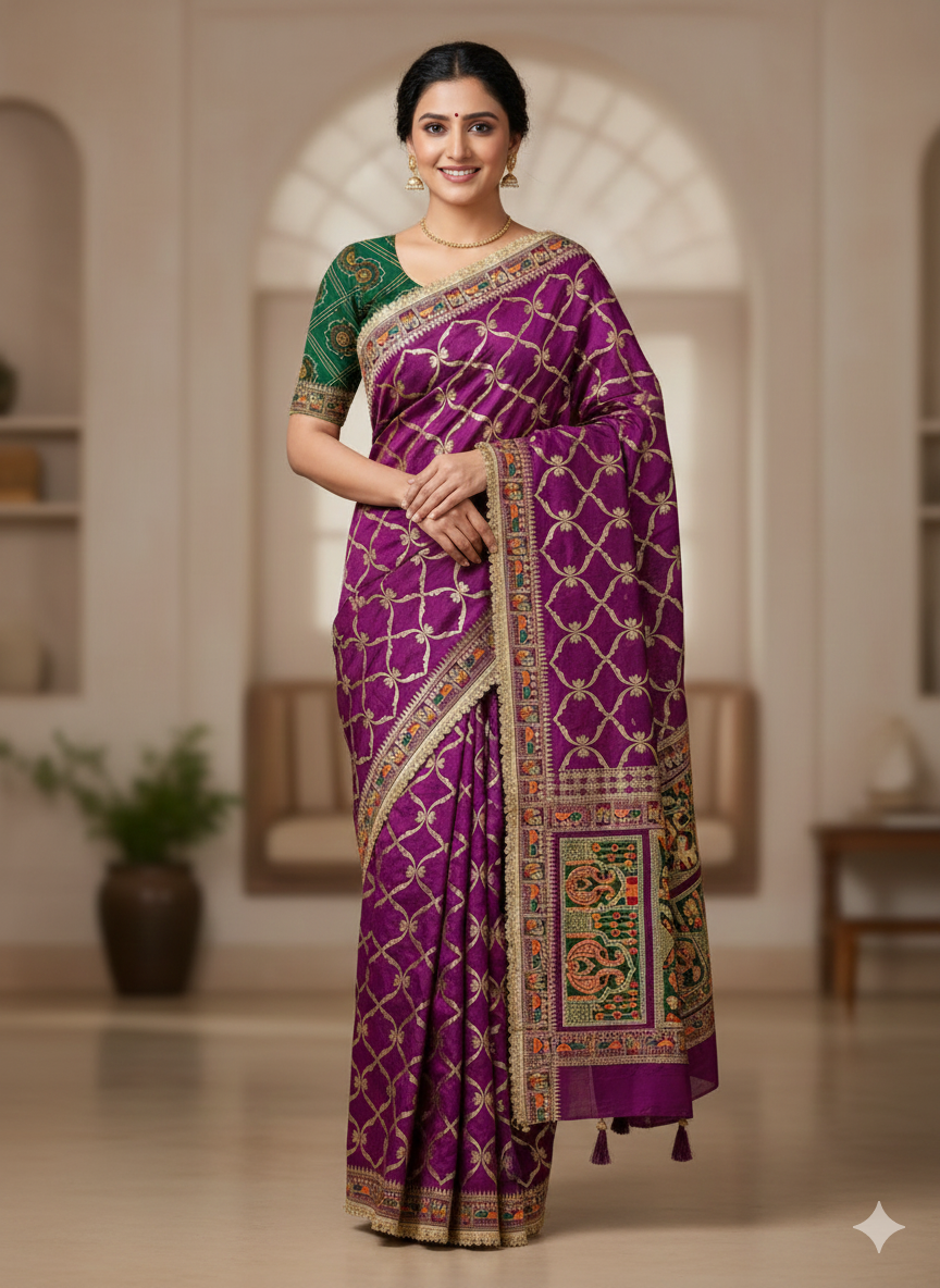 Purple Pure Jacquard Soft Silk Traditional Bandhani Saree Panetar Saree Anant Tex Exports Pvt.Ltd..
