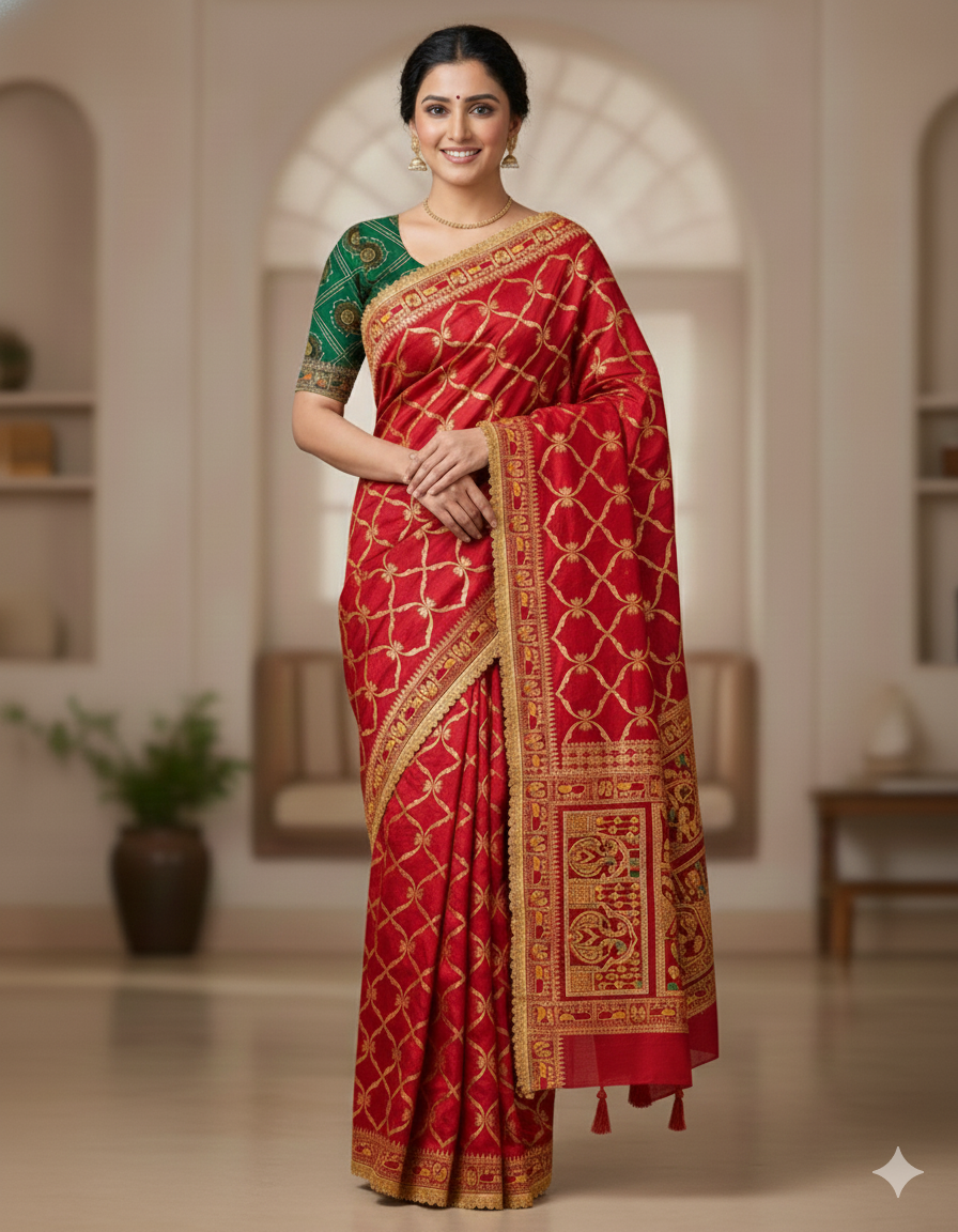 Red Pure Jacquard Soft Silk Traditional Bandhani Saree Panetar Saree Anant Tex Exports Pvt.Ltd..